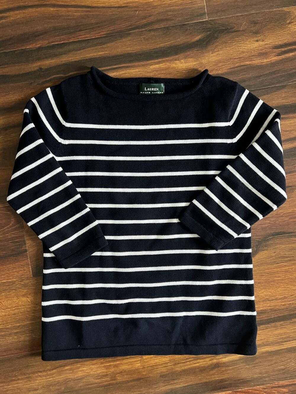 Lauren Ralph Lauren Women’s Navy and White Striped 3/4 Sleeve Sweater Size M